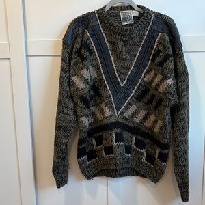 Vintage 80's Leather Trim V-Neck Pullover Graphic Sweater